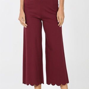 NWT - ZENANA -DARK BURGUNDY HIGH RISE SCALLOP CROPPED PANT